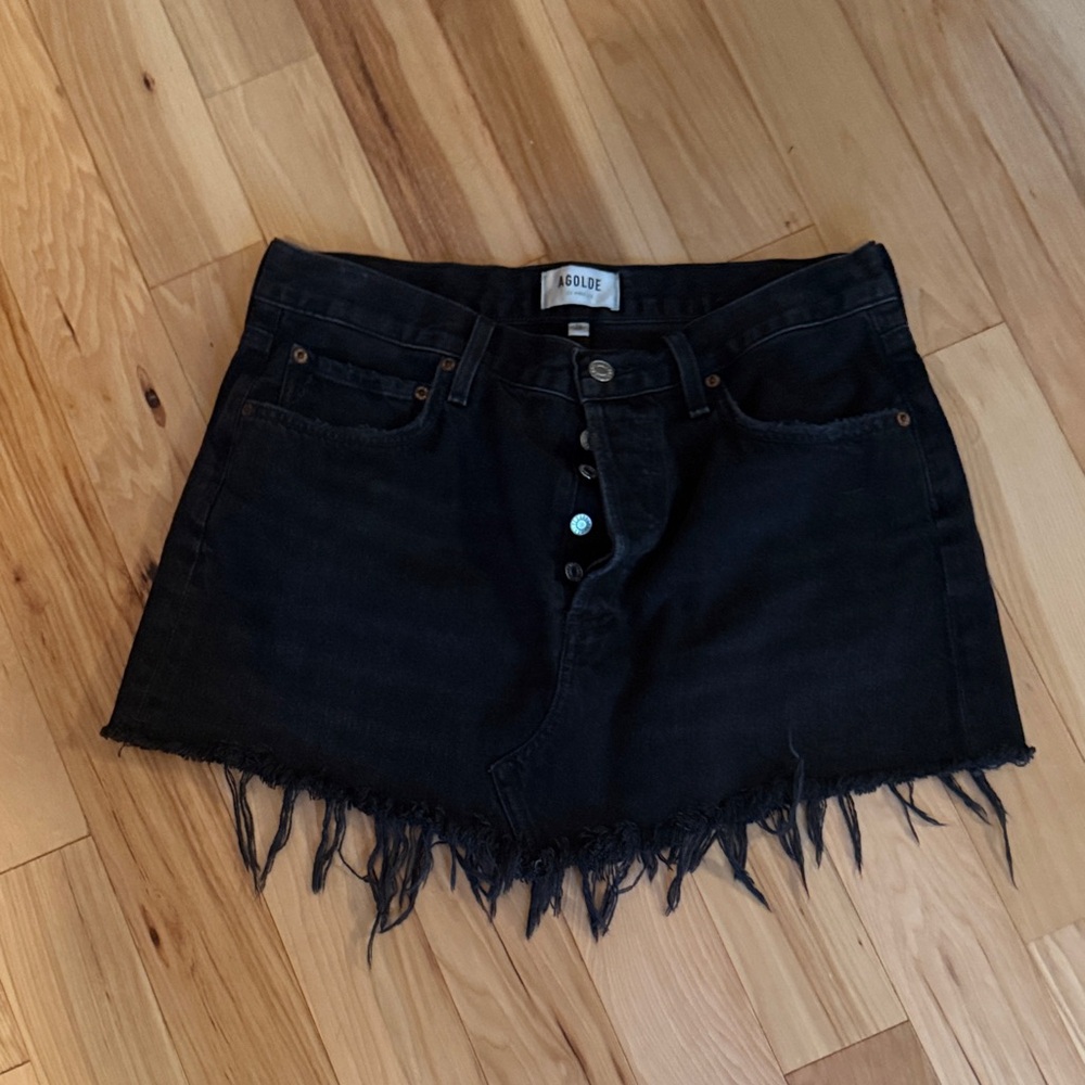 Agolde Black Distressed Button-Front Denim Mini Skirt